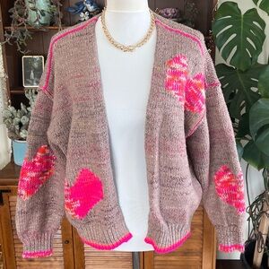 Daily Practice Pink & Brown Chunky Heart Neon Sweater XS/S EUC
